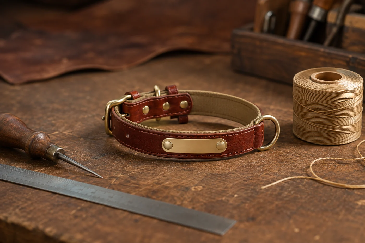 le collier posé sur un établi de travail du cuir, à côté d'une alêne, d'une règle en acier et d'une bobine de fil poissé