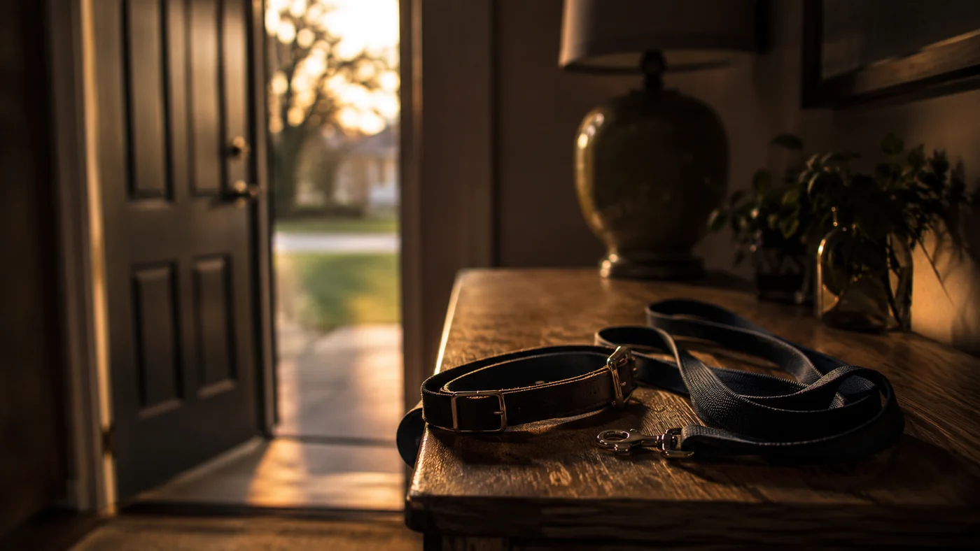 un collier de chien et sa laisse posés sur une console d'entrée, la porte entrouverte, lumière chaude de fin de journée