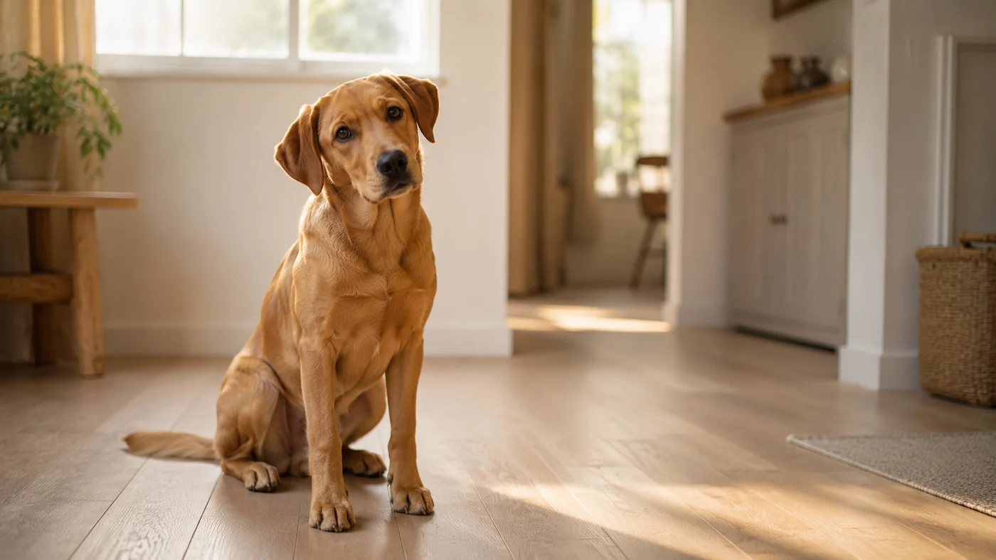 un jeune chien assis sur un parquet clair, la tête légèrement inclinée, lumière du matin