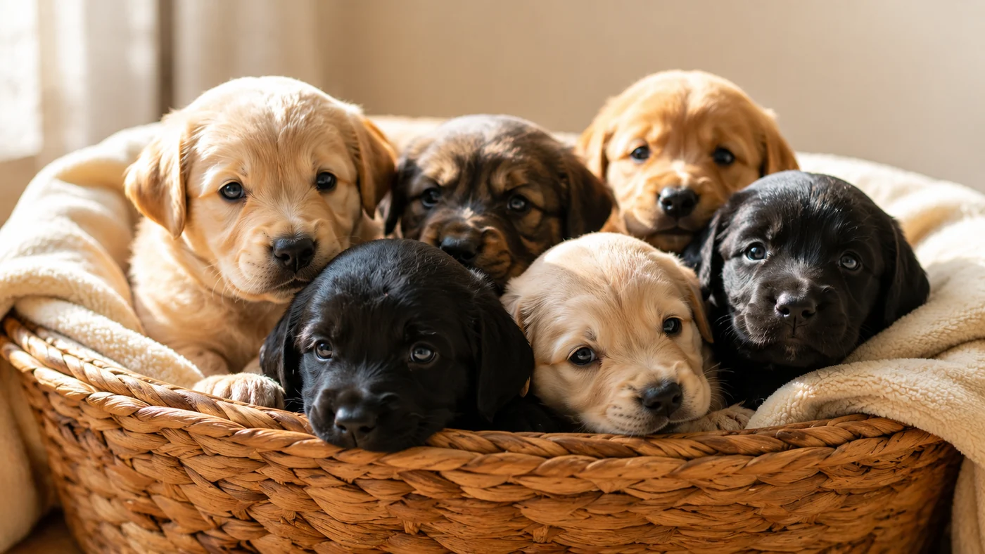 une portée de chiots serrés dans un panier garni d'une couverture, lumière douce de côté