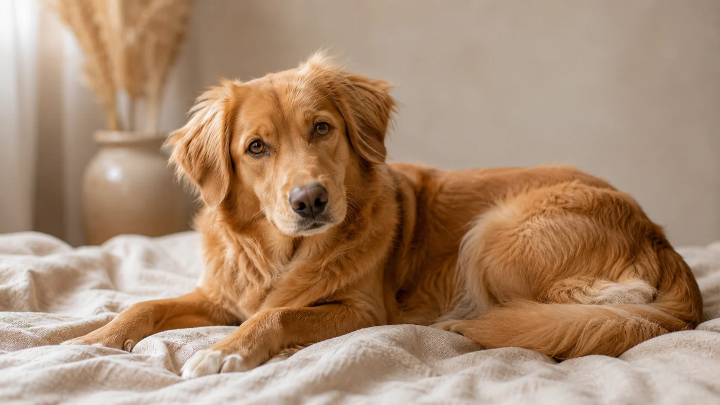une chienne allongée sur un plaid de lin clair, lumière diffuse, intérieur flou en arrière-plan