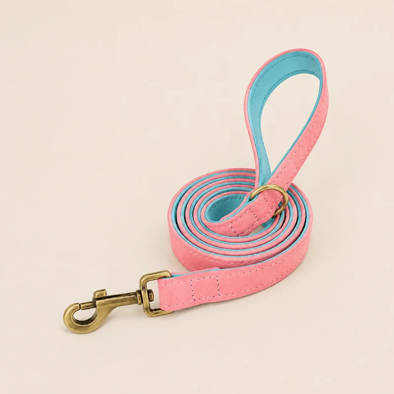 laisse en cuir rose, doublure turquoise
