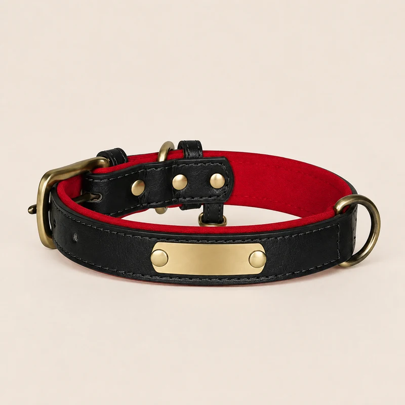 collier en cuir noir, doublure rouge