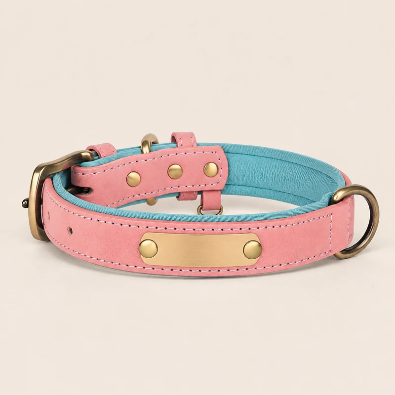 collier en cuir rose, doublure turquoise