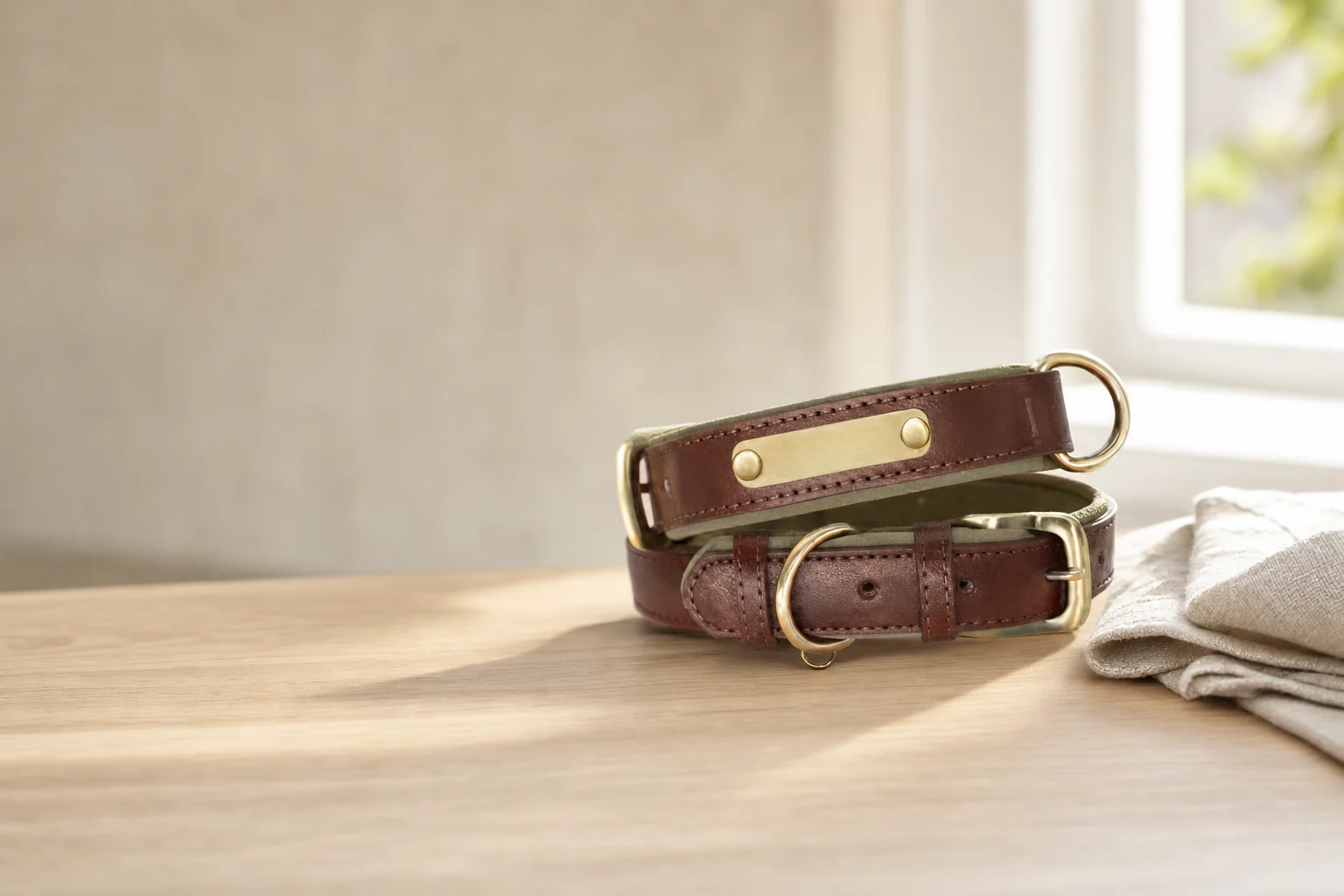 Collier en cuir brun pour chien avec sa plaque de laiton rivetée