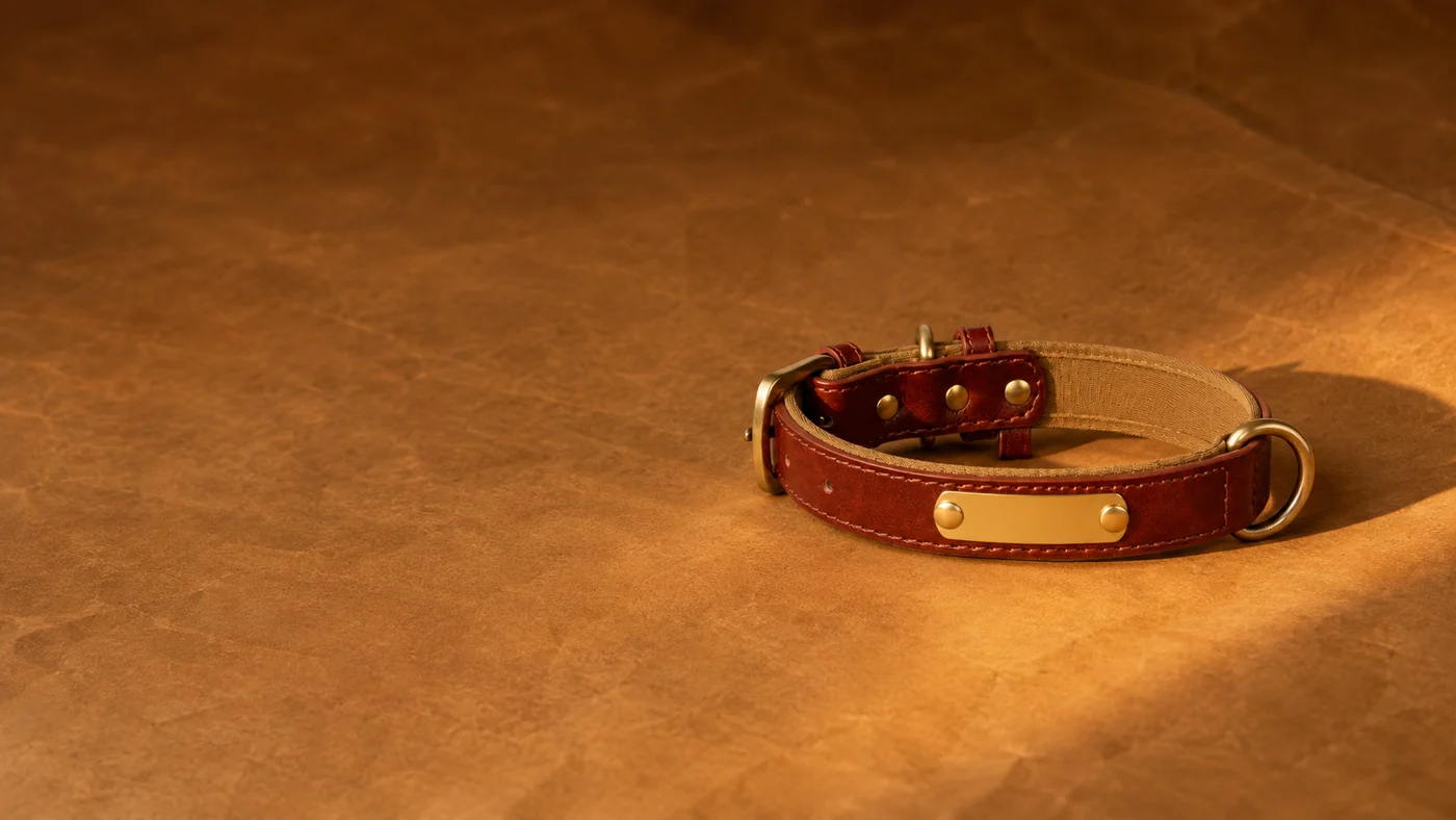 le collier en cuir brun lové sur un papier chaud, lumière dorée rasante venue de la droite