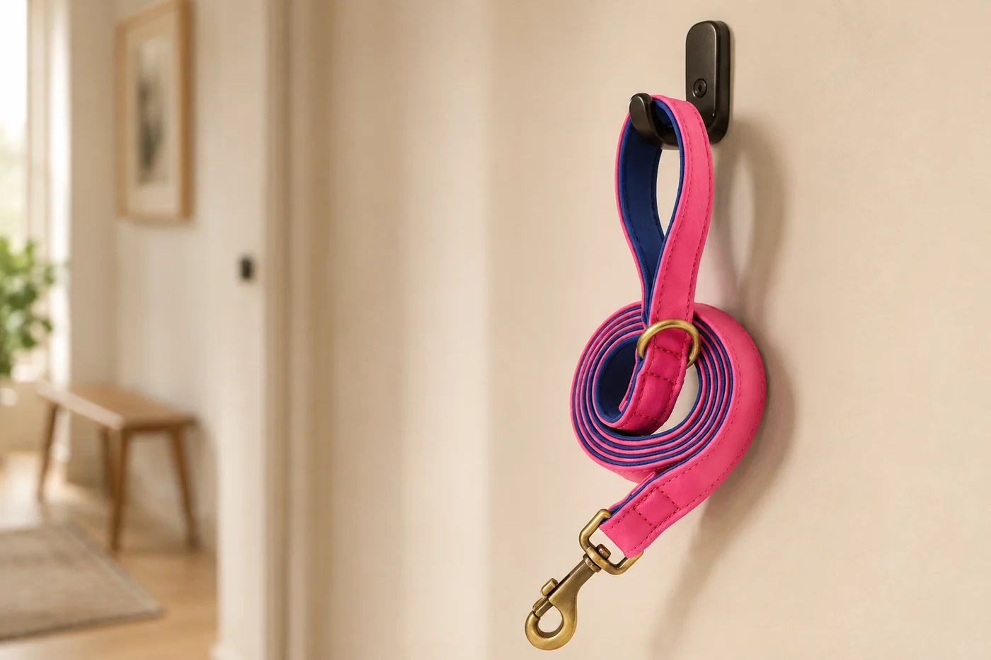 la laisse fuchsia accrochée à une patère noire dans une entrée claire