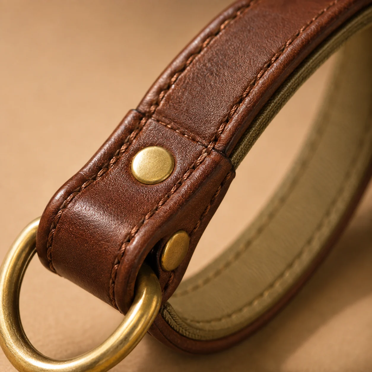 macro de la poignée cousue de la laisse brune, doublure taupe et rivets laiton