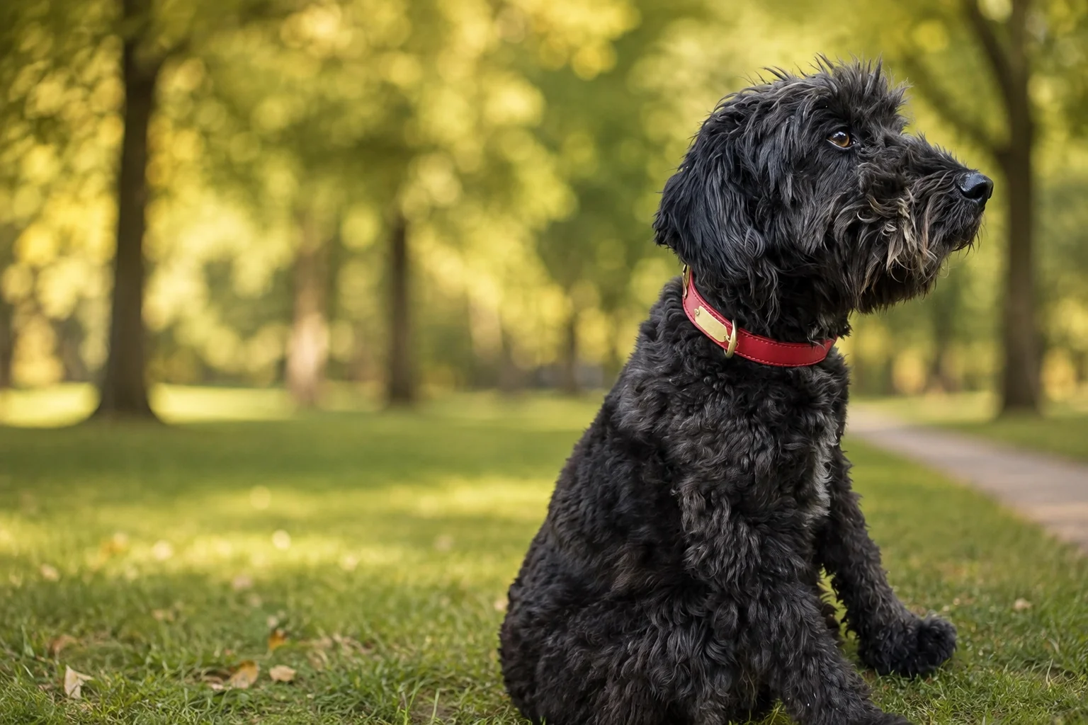 chien noir qui porte le collier en cuir rouge, dans un parc