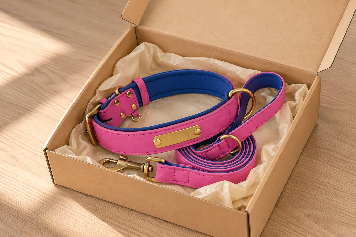 le collier et la laisse fuchsia lovés dans une boîte cadeau kraft nue doublée de papier de soie crème