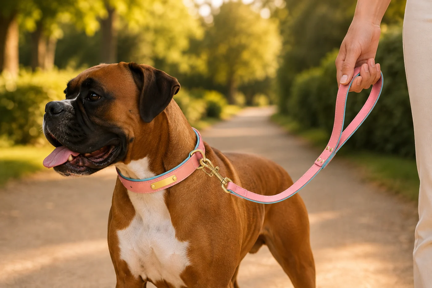 un boxer en promenade sur un chemin de parc, collier et laisse roses assortis, une main tient la poignée