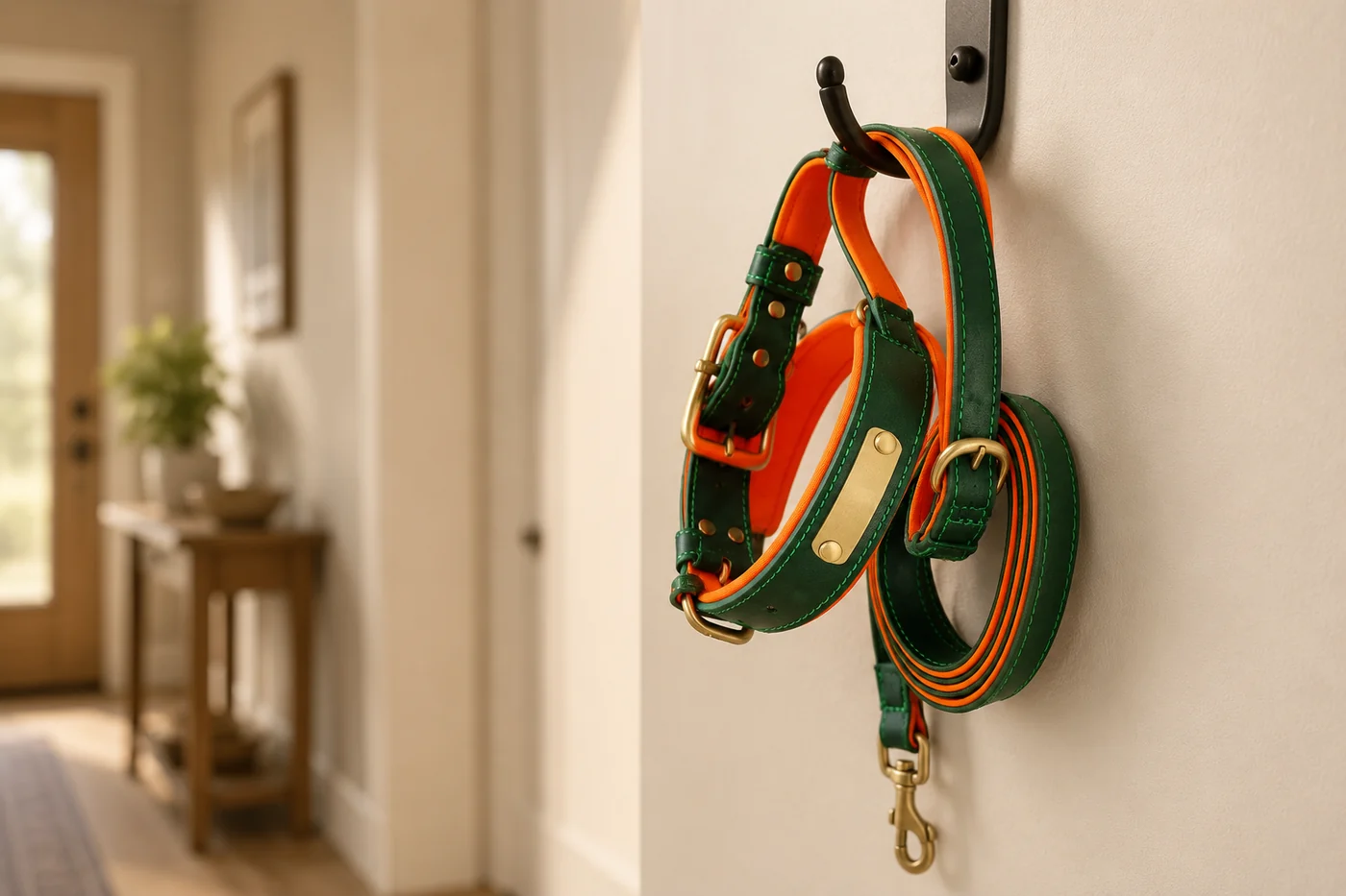 le collier et la laisse verts accrochés ensemble à une patère noire dans une entrée claire