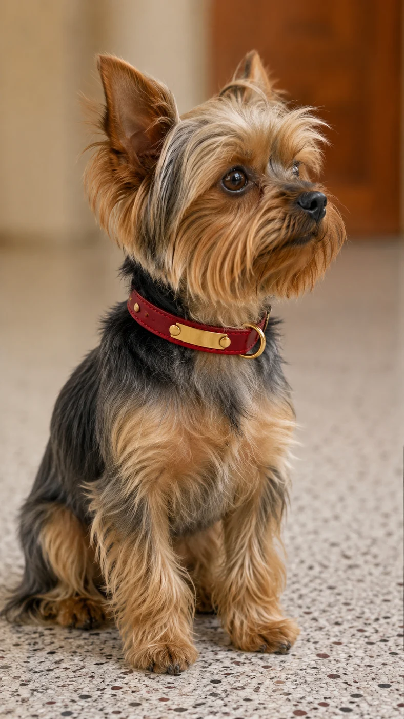 un yorkshire terrier assis de profil, portant le collier en cuir rouge, tour de cou 23 à 33 cm