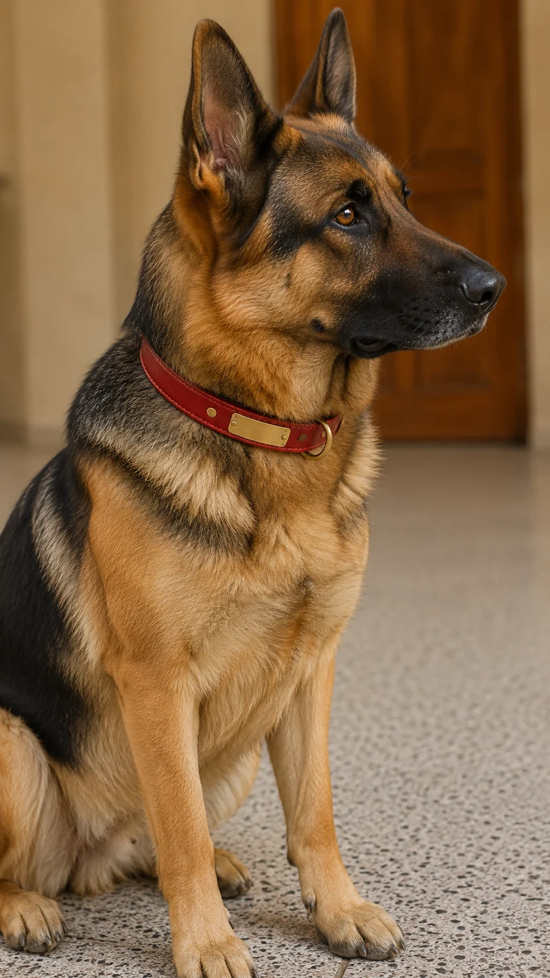 un berger allemand assis de profil, portant le collier en cuir rouge, tour de cou 43 à 55 cm